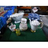 BASKET OF PARAGON TEA CHINA, MALING VASE, PERFUME BOTTLE, BLUE AND WHITE FLOWER HOLDER,