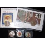 2 x £5 medallic FDCs, 2 enamelled Trade