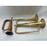 Three bugles incl. copper & brass milita