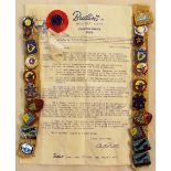 Collection of Butlin's badges & letter.