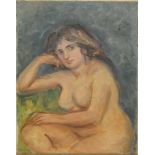 STELLA STEYN.
Nue Assise.
Oil on canvas. 28" x 22".
Inscribed with title on label on reverse.