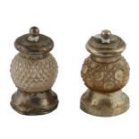 Cut glass pepper mill with silver mounts,1901 & another, e.p. mounts.  (2).