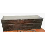 17th or early 18th century planked oak & elm coffer of plain form with hinged lid on stile supports.