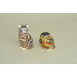 Two Royal Crown Derby paperweights, seated cat, 5" high (lacking button) & owl,