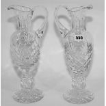 Pair of tall cut glass ewers, each with faceted decoration & the etched crest of a golf club,