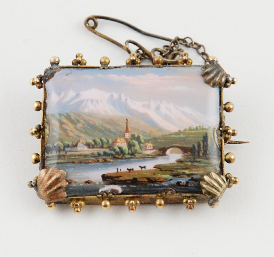 Swiss rectangular brooch with enamel scene depicting a typical landscape with village & mountains,