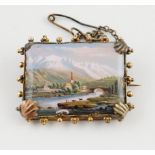 Swiss rectangular brooch with enamel scene depicting a typical landscape with village & mountains,