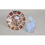Herend porcelain blue & white seated hare, 5" high & a Royal Crown Derby side plate.  (2).