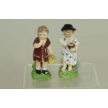 Pair of 18th century small Derby porcelain figures of a child kitchen maid & boy gardener,