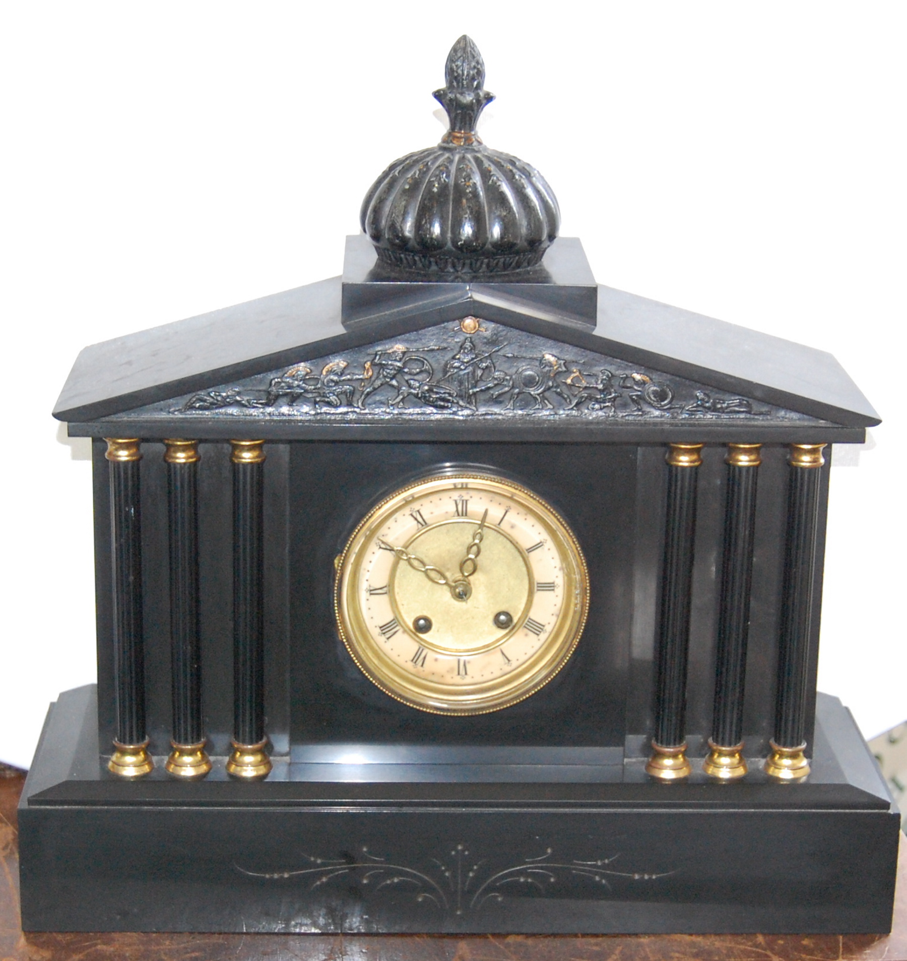 Mantel clock in marble case of architectural style with six columns & fluted cupola, 16½".