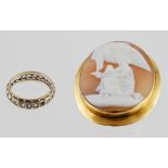 Cameo brooch carved with Leda & the swan, in gold '9ct' & a spinel eternity ring, 9ct gold.