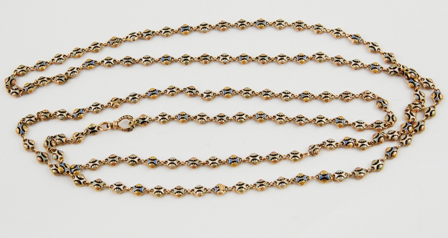 Swiss gold long chain with lozenge shaped links enamelled in polychrome, 54".