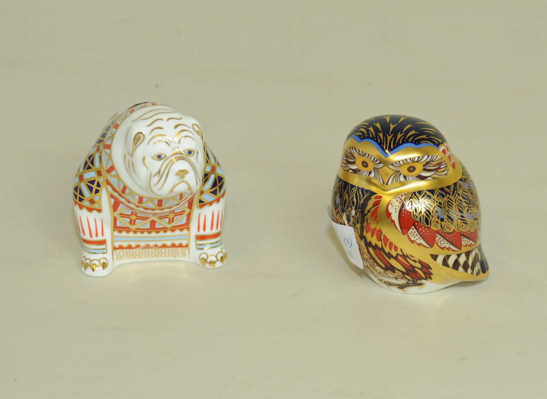 Two Royal Crown Derby paperweights, seated bulldog, 3" high & owl, 3" high. (2).