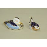 Two Royal Crown Derby paperweights, duck, 4½" long & wren, 3" long (the latter lacking button).