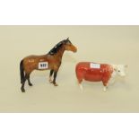 Beswick New Forest pony, standing, 6" high & Beswick Hereford cow, 6½" long.  (2).