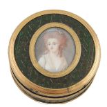French late 18th century circular box in green & gilt flecked lacquer & tortoiseshell,