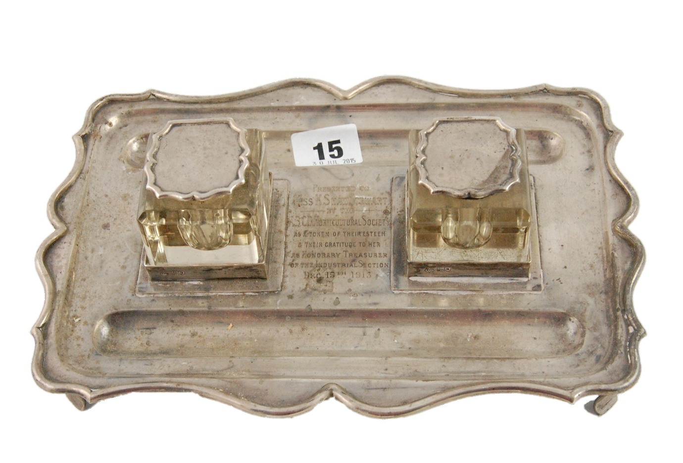 Silver inkstand with shaped edge & two mounted square cut glass receivers, by Sam Smith & Co.