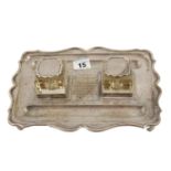 Silver inkstand with shaped edge & two mounted square cut glass receivers, by Sam Smith & Co.