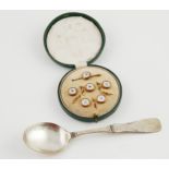 Swedish silver spoon & a set of rolled gold buttons & pin, cased.