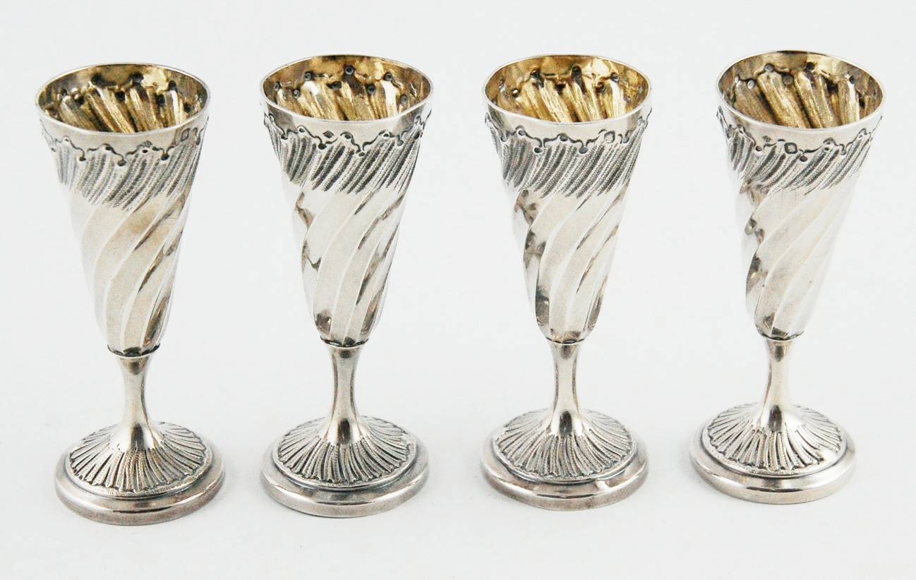 Set of four French late 19th century silver liqueur goblets, spirally fluted, 3", 3½ oz,