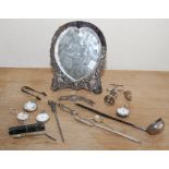 Toilet mirror of heart shape with pierced & embossed part mount, apparently unmarked, c.