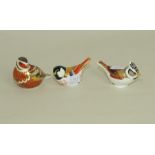 Three Royal Crown Derby paperweights, quail, 3" long; crested tit & another. (3).