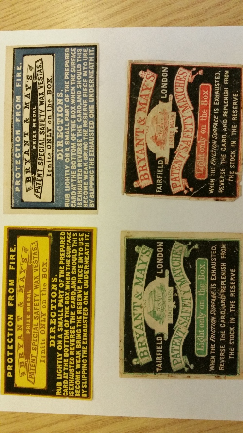 MATCHBOX LABELS, Bryant & May selection, Patent Safety Wax Vestas & Safety Match box labels (large &