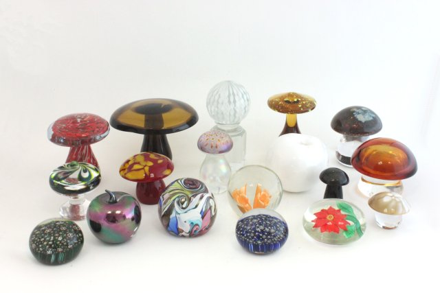 Lot of Art Glass Paperweights 18 pieces total. Various sizes and shapes.