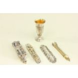 4 silver mezzuzahs and 1 kiddush cup Made in Israel. Mezzuzahs in .925 silver and  silver clad.