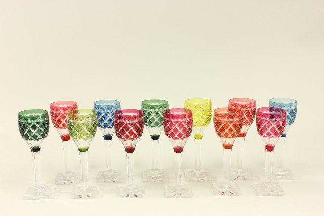 12 Cut to Clear Wine Glasses Various colors. Approx. 7 1/2" H. From a NYC  collector's 40 year