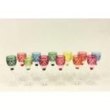 12 Cut to Clear Wine Glasses Various colors. Approx. 7 1/2" H. From a NYC  collector's 40 year