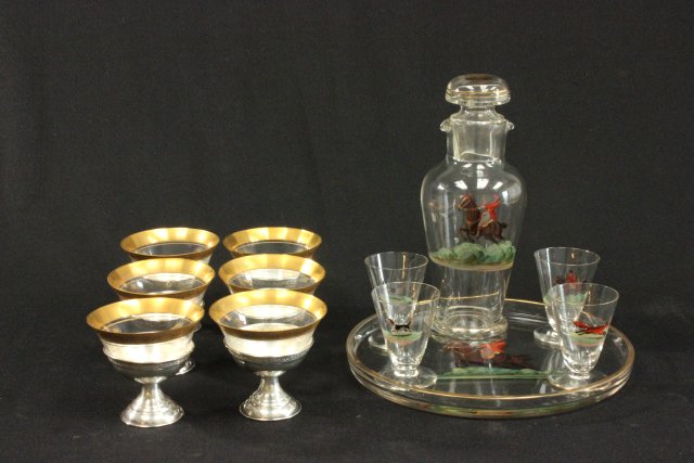 Lot of Drink Serviceware circa 1930 Including 6 dessert cups in sterling holders,  glass with gold