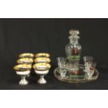 Lot of Drink Serviceware circa 1930 Including 6 dessert cups in sterling holders,  glass with gold