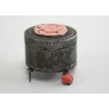 Edward Farmer Sterling Silver Box Chines carved coral top on lid with ball feet.  Stamped Sterling