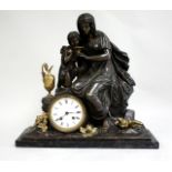 19thc Bronze Clock on Marble Base Approx. 18" H x 19 1/2" W x 7" D.  Neoclassic  style mother and