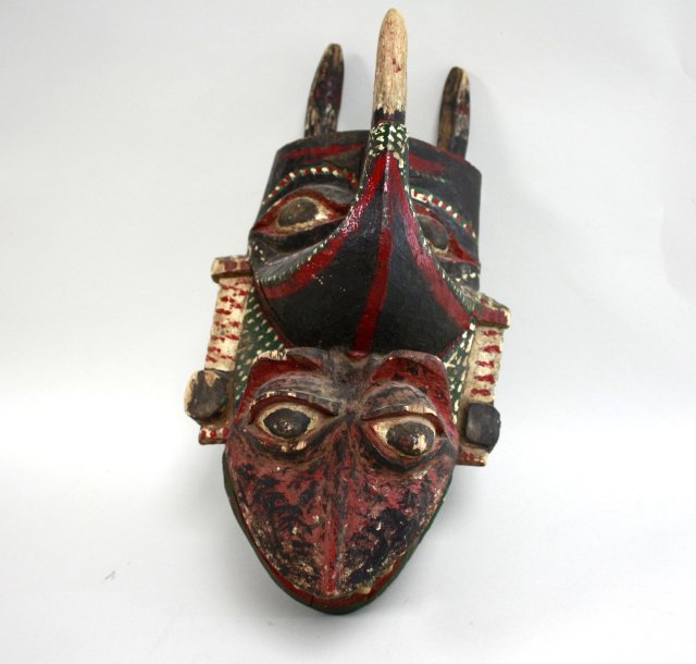 5 various polychrome wood & papier mache masks Largest approx. 18 1/2" H. (4050) Paint worn,  cracks - Image 7 of 8