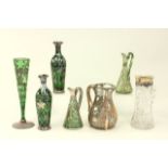 5 green glass & silver overlay pieces & pitcher Includes pair of bud vases with crimped top,