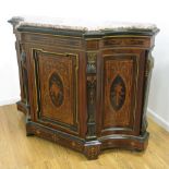 Victorian Marble Top Inlaid Side Cabinet With bronze mounts. Approx. 45" H x 59" W x 18" D.  From an