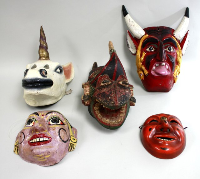 5 various polychrome wood & papier mache masks Largest approx. 18 1/2" H. (4050) Paint worn,  cracks