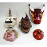 5 various polychrome wood & papier mache masks Largest approx. 18 1/2" H. (4050) Paint worn,  cracks