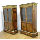 Matched Pair of French Louis XVI Style Vitrines with 2 doors, walnut inlay, and cabinets with