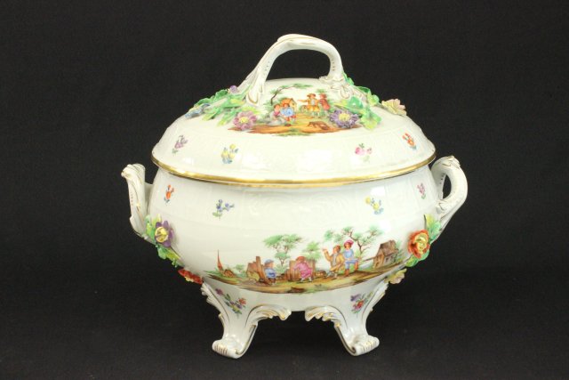 Dresden porcelain covered tureen Hand painted with 4 different country scenes,  floral applique