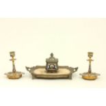 Lot of Enameled Bronzes Including pair of candlesticks with onyx bottoms  approx. 5 1/2" H, & 1