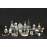 Group lot of sterling & crystal glass items Bottles, containers, coasters, some with dents.