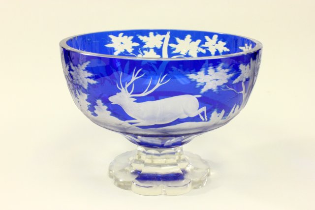 Bohemian Blue Cut to Clear Bowl Featuring animals in forest etched out in scenes  across face of