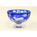 Bohemian Blue Cut to Clear Bowl Featuring animals in forest etched out in scenes  across face of