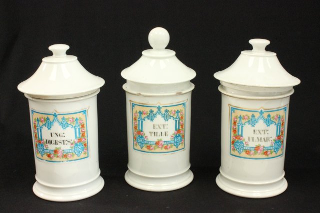 3 Continental Porcelain Apothecary Jars Largest approx. 11" H. From an estate on the Upper  West