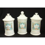 3 Continental Porcelain Apothecary Jars Largest approx. 11" H. From an estate on the Upper  West