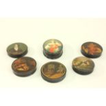 Lot of Paint Decorated Lacquer Boxes Including 5 round English boxes, & 1 oval Russian  box.