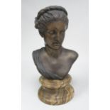 Bronze bust of woman Neoclassic style, marble base, Total ht. 12" H